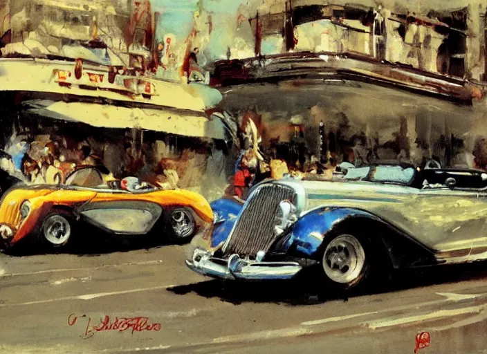 Image similar to hotrods driving down a street , vintage, high detail, 4K, by John Berkey