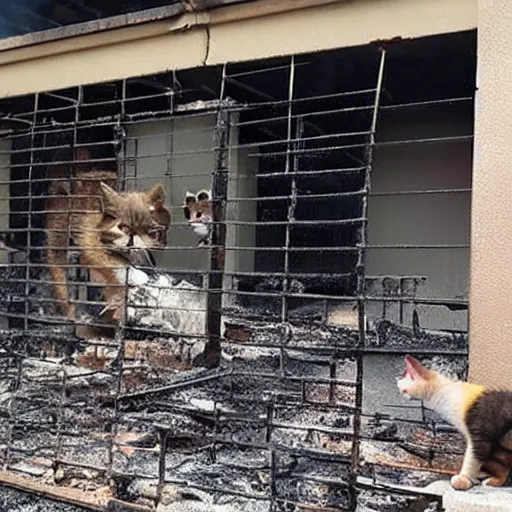 Image similar to a animal adoption center set on fire by an explosion, cats outside of the shelter