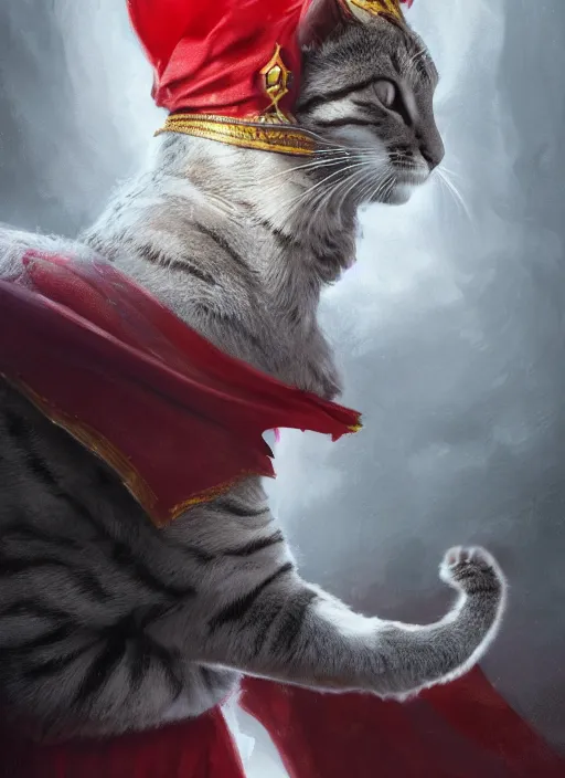 Image similar to side profile of a cat king wearing a crown and red cape, fantasy, digital painting, volumetric light, intricate, sharp, focus, bloom, illustration, highly detailed, concept art, matte, ruan jia, randy vargas, greg rutkowski