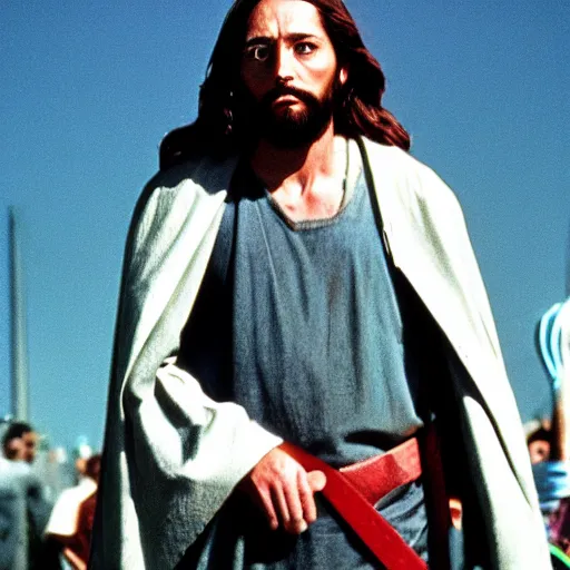 Image similar to A photo of Jesus as slasher villain, f/22, 35mm, 2700K, kodachrome, award winning photography