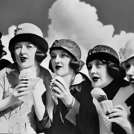 Image similar to Women from the 1920s wearing a man's suit eating ice cream, looking up at the clouds