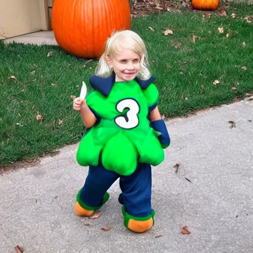 Image similar to four year old boy dressed up as a turtle, halloween costume, blonde hair,