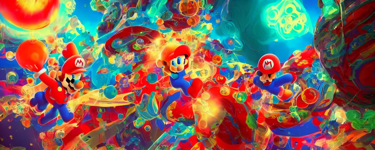 Image similar to glichy red blue green illustration super mario as real human having psychedelic trip on mushrooms shamanic atmosphere machground with chemical molecules structures. hypnotic fractals spirals. by sachin teng and sergey kolesov and ruan jia and heng z. graffiti art, scifi, fantasy, hyper detailed. octane render. concept art. trending on artstation