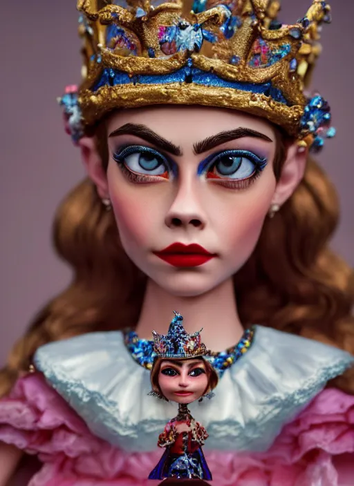 Image similar to closeup face profile portrait of tin toy cara delevingne as a fairytale princess wearing a crown eating cakes, bikini, depth of field, zeiss lens, detailed, symmetrical, centered, fashion photoshoot, by nicoletta ceccoli, mark ryden, lostfish, breathtaking, 8 k resolution, extremely detailed, beautiful, establishing shot, artistic, hyperrealistic, octane render