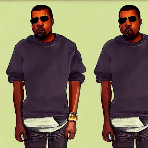 Image similar to illustration gta 5 artwork of kanye west, in the style of gta 5 loading screen, by stephen bliss