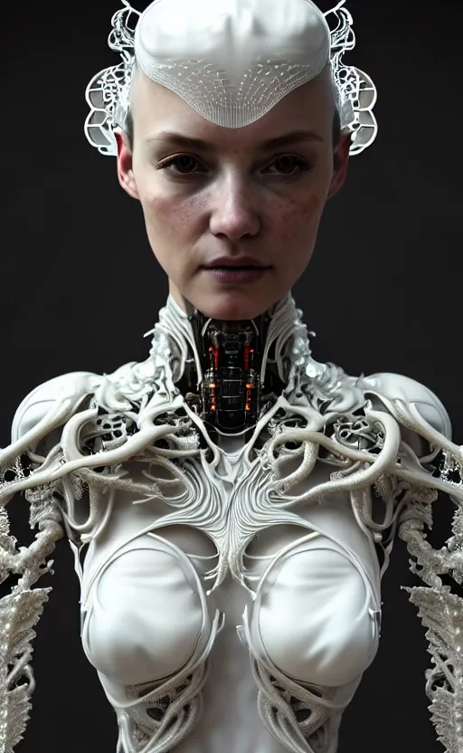 Image similar to intricate hyper detailed ultra sharp 3 d render of a beautiful smooth translucent porcelain seductive cyborg woman portrait, medium shot portrait, bright light, alexandre ferra mecha, haute couture cyberpunk art nouveau huge white fractal mycelum and fungi magnolia goliath head ornaments, big embroidered leaves filigree sinuous roots, octane render, volumetric cinematic lighting, 8 k, vray tracing