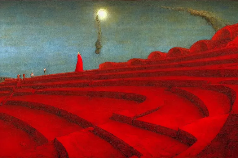 Image similar to only with red, a red melted emperor, taormina amphitheatre, crowd hails him, in the style of beksinski, parts by edward hopper, parts by rodcenko, parts by yue minjun, intricate and epic composition, red by caravaggio, insanely quality, highly detailed, masterpiece, red light, artstation, 4 k