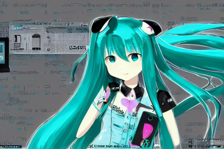 Image similar to hatsune miku themed linux desktop environment, linux mint, computer wallpaper, in 1 9 9 5, y 2 k cybercore, industrial photography, still from a ridley scott movie