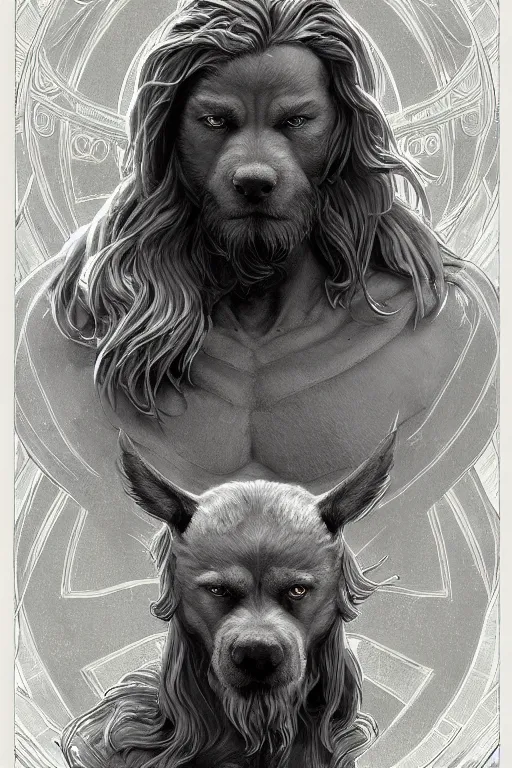 Image similar to Dog as a Norse god, detailed face, norse statue, gorgeous, amazing, flowing hair, muscular, very muscular male body, intricate, highly detailed, 8K, digital painting, artstation, concept art, sharp focus, illustration, art by greg rutkowski beeple and alphonse mucha