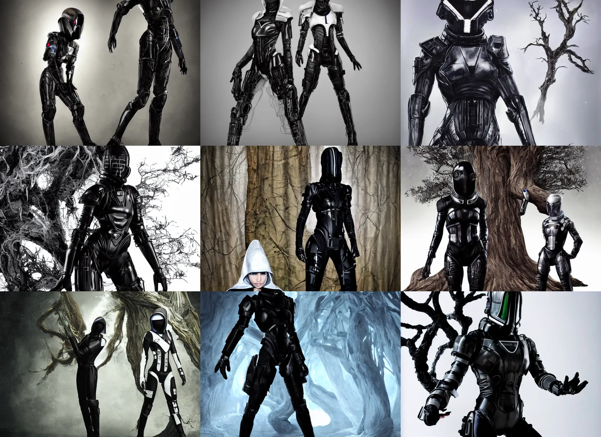 Prompt: beautiful fashion model with white sci - fi tactical gear, black leather garment, hologram sci - fi hood, full shot fashion photography, dark ancient tree with a big trunk, by irving penn and storm thorgerson, ren heng, peter elson, mass effect concept art