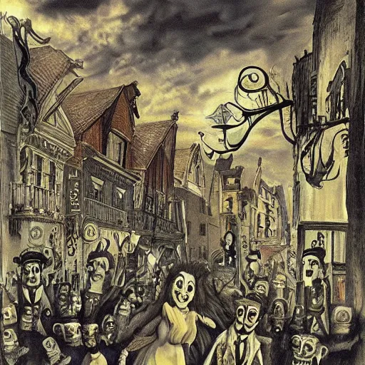 Prompt: nightmares parade in main street by dali