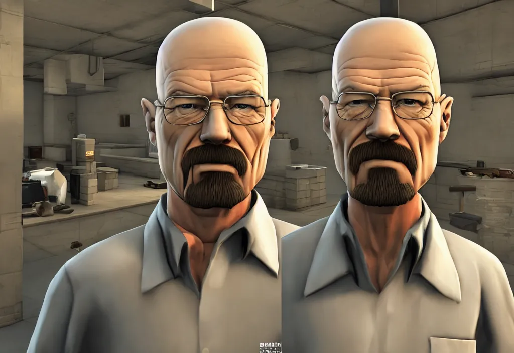Image similar to walter white in team fortress 2, walter white in the video game team fortress, gameplay screenshot, close up, 3 d rendering. unreal engine. amazing likeness. very detailed.