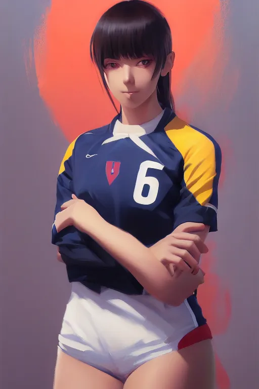 Image similar to A ultradetailed beautiful panting of a stylish woman wearing a volleyball jersey, Oil painting, by Ilya Kuvshinov, Greg Rutkowski and Makoto Shinkai