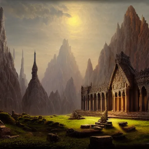 Prompt: a beautiful and highly detailed matte painting of an ancient brick elven temple, epic scale, insanely complex, hyperdetailed, sharp focus, hyperrealism, artstation, cgsociety, 8 k, by caspar friedrich, albert bierstadt, james gurney, brian froud,