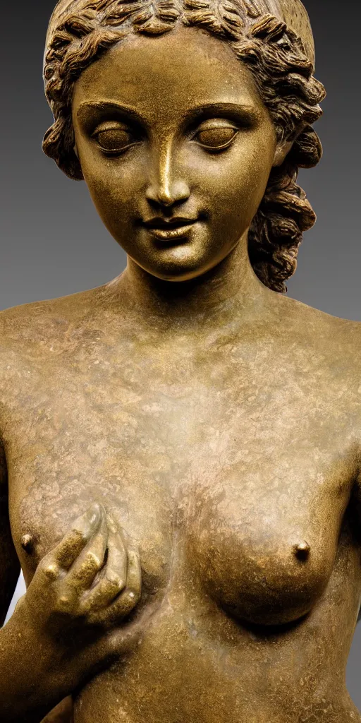 Prompt: detailed photo of an old bronze patina statue of a beautiful aphrodite nymphea portrait, intricate detail, museum diffuse lighting