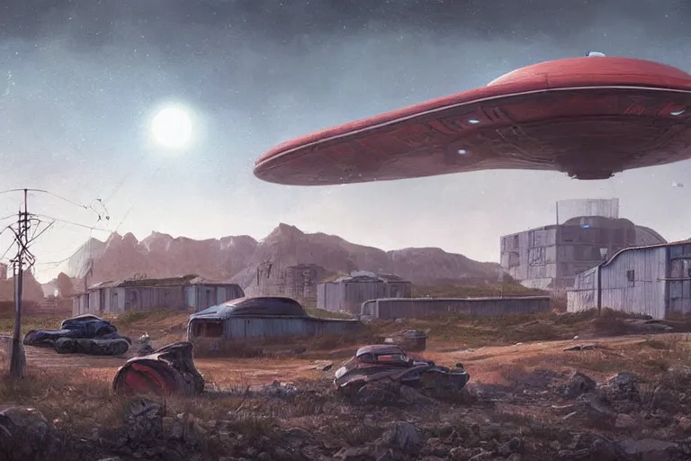 Image similar to a beautiful matte painting of a alien spaceship over the soviet village simon stalenhag and alan bean, trending on artstation, realistic rendering