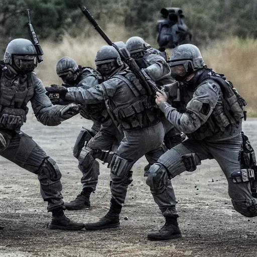 Image similar to Special Forces in grey uniform with black body armor under artillery fire in 2022, photo by Adam Ferguson, Pulitzer Winning, cinematic composition, breathtaking, modern, 2022