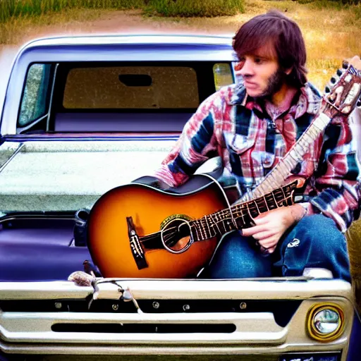 Prompt: A folkpunk brown hound dog playing the guitar in front of a pickup truck