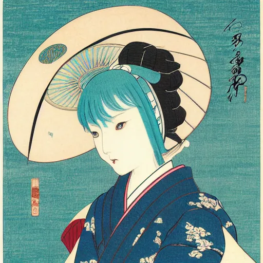Prompt: a portrait of the japanese princess hatsune miku by hokusai, portrait, painting, detailed, vibrant, teal hair, porcelain skin