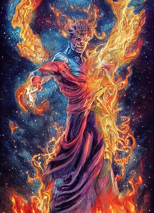 Image similar to high intricate colored ink drawing of the sandman holding a glimmering fire - galaxy, full shot, neil gaiman, maria panfilova, andrea savchenko, mike kime, ludovic plouffe, qi sheng luo, oliver cook, julian calle, eddie mendoza, trending on artstation