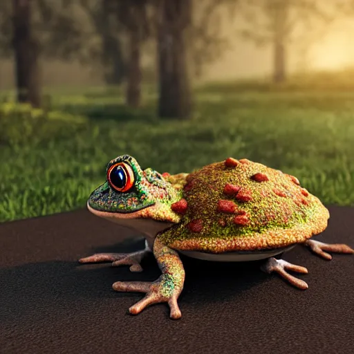 Image similar to a toad carrying a taco backpack, 3D render, octane renderer