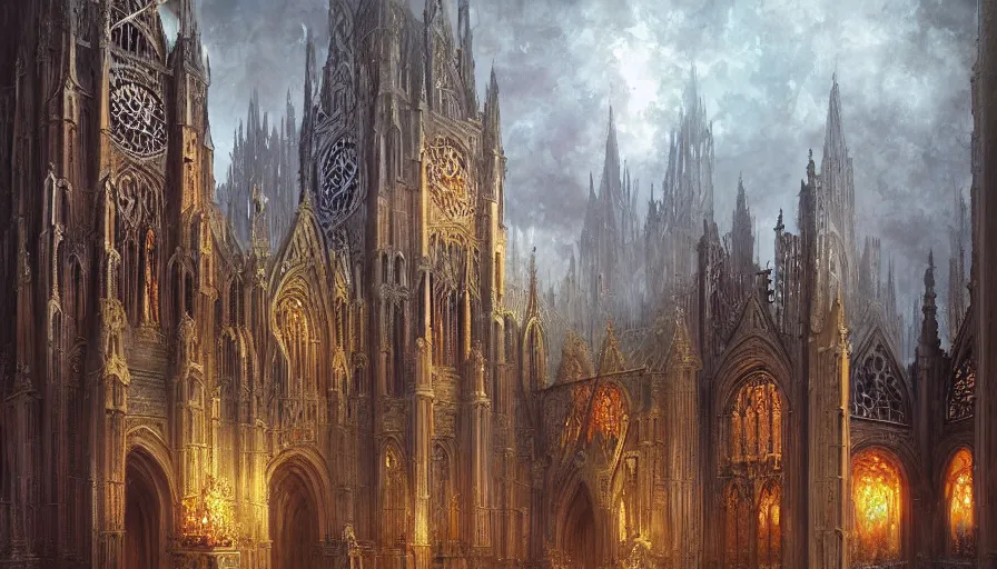 Image similar to atmospheric painting of a fractal gothic cathedral, by Marc Simonetti, oil on canvas, highly detailed, soft lighting