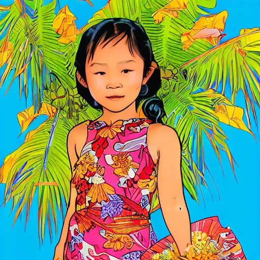 Prompt: a five - year - old hapa girl, wearing a hawaiian dress, dancing on a tropical beach, portrait, wide shot, midday light, bright colors, illustration, pop art, splash painting, graphic novel, art by geof darrow, ashley wood, alphonse mucha