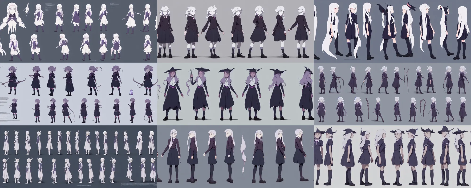Prompt: character model sheet of female student witch by greg rutkowski, witch academia, magic school uniform, glowing white iridescent hair color, by studio ghibli, digital art, trending on artstation, hd, 8 k, highly detailed, good lighting, beautiful, masterpiece