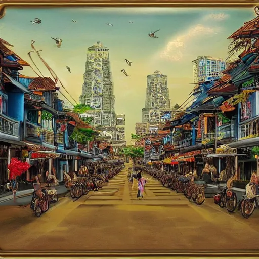 Prompt: ho chi minh city bui vien street, rococo art style, animals and birds, highly detailed