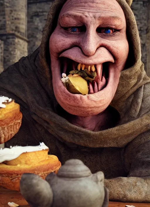 Image similar to closeup portrait of a medieval goblin eating cakes in the cloisters, depth of field, zeiss lens, detailed, symmetrical, centered, fashion photoshoot, by Annie Leibovitz and Steve McCurry, David Lazar, Jimmy Nelsson, Breathtaking, 8k resolution, extremely detailed, beautiful, establishing shot, artistic, hyperrealistic, beautiful face, octane render