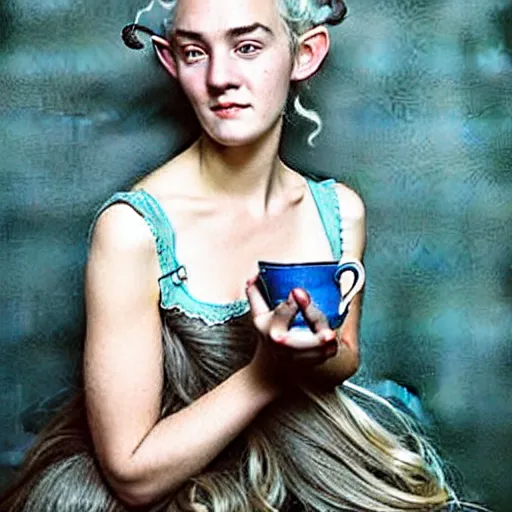 Prompt: A 18th century, messy, silver haired, (((mad))) elf princess (almost look like ((young Kate Winslet))), dressed in a ((ragged)), wedding dress, is ((drinking a cup of tea)). Everything is underwater! and floating. Greenish blue tones, theatrical, (((underwater lights))), high contrasts, fantasyconcept art, inspired by John Everett Millais's Ophelia