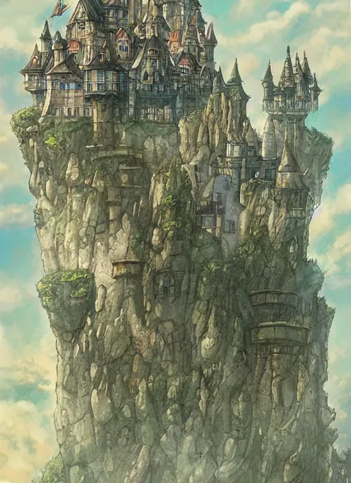 Image similar to 2 d illustration of a castle in the sky, concept art by hayao miyazaki, featured on pixiv, fantasy art, concept art, official art, high detailed