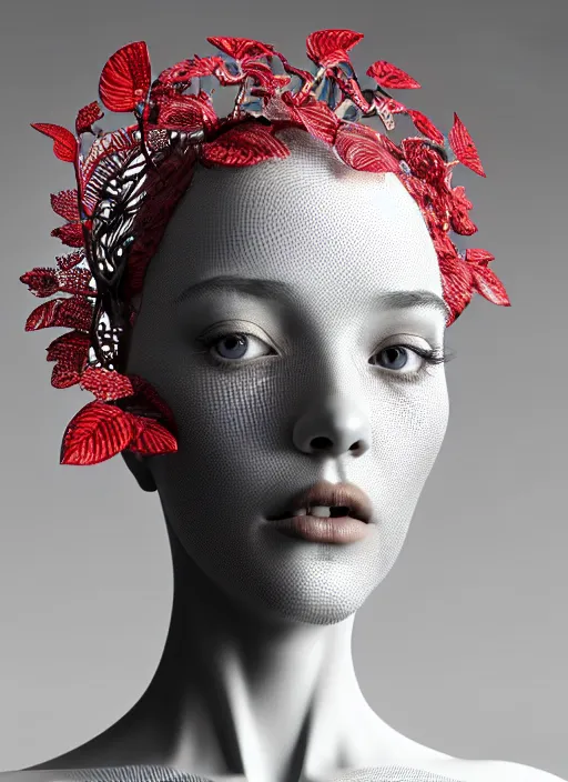 Image similar to complex 3d render ultra detailed of a beautiful porcelain profile young woman face, mechanical cyborg, 150 mm, beautiful studio spotlight, rim light, silver gold red details, fine foliage lace, magnolia big leaves and stems, roots, mesh wire, Alexander Mcqueen haute couture, luxurious, high fashion, mandelbrot fractal, filigran intricate details, hyper realistic, anatomical, facial muscles, cable wires, microchip, elegant, octane render, H.R. Giger style, 8k