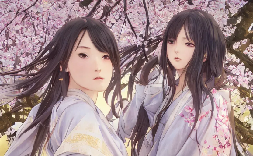 Image similar to front portrait of a girl walking, sakura tree in background, yukata clothing, battlefield in background, anime style, rounded faces, hair down, symmetrical facial features, from arknights, hyper realistic, 4 k, extreme detail, detailed drawing, trending artstation, realistic lighting, by alphonse mucha, greg rutkowski, sharp focus, backlit