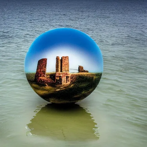 Prompt: a floating crystal ball full of surreal forgotten monuments