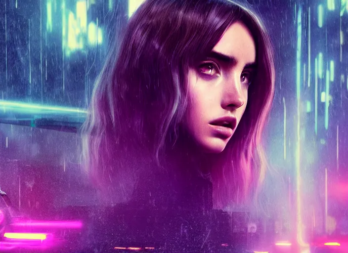 Image similar to breathtakingly beautiful Ana de Armas in blade runner 2049, long flowing hair, laser cannon, 8k, trending on artstation, unreal engine, purple neon, green rain