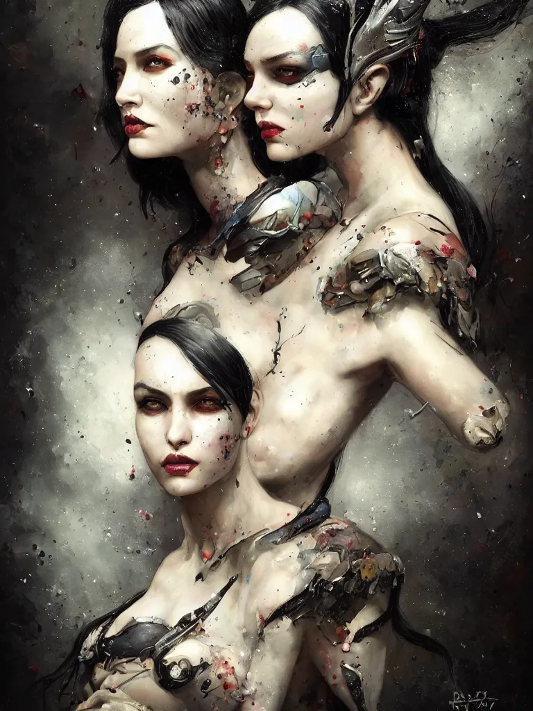 Image similar to a splatterpunk portrait of a gorgeous clone and her maker with jet black hair with one white strand, with thin lips, with a hawk pearched on her shoulderhyperrealistic, award-winning, masterpiece, in the style of Tom Bagshaw, Cedric Peyravernay, Peter Mohrbacher