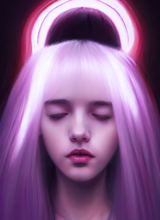 Image similar to hair whitebangs hair, black hair, whitebangs, portrait of teenage girl with white bangs, red irises, purple clothes, white bangs, bangs are different color from hair, intricate, elegant, glowing lights, highly detailed, digital painting, artstation, concept art, smooth, sharp focus, illustration, art by wlop, mars ravelo and greg rutkowski