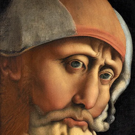 Image similar to scared man staring up, high detail painting by michelangelo