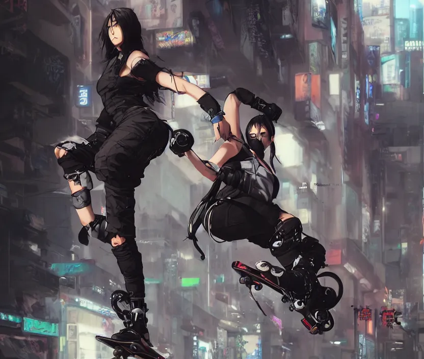 Image similar to hyper - realistic cyberpunk anime woman flip skateboard, sport, action tokyo street, extreme detail, good face, model, concept art, in style of yoji shinkawa, pan ren wei, col price, atey ghailan, by greg rutkowski, aesthetic