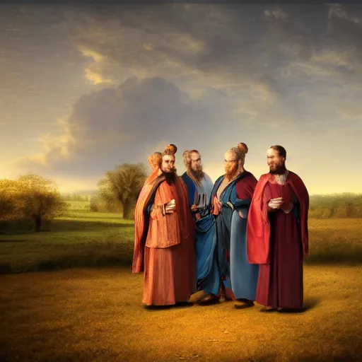 Image similar to Four wise scholars standing at the edge of a beautiful orchard at twilight, detailed and realistic matte painting, digital art