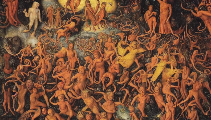 Prompt: johfra bosschart painting details of a bunch of people floating in heaven, bosch demons
