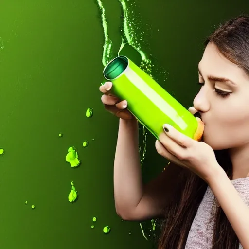 Image similar to A cute, lime green transparent slimegirl drinking from a can of lemon lime soda