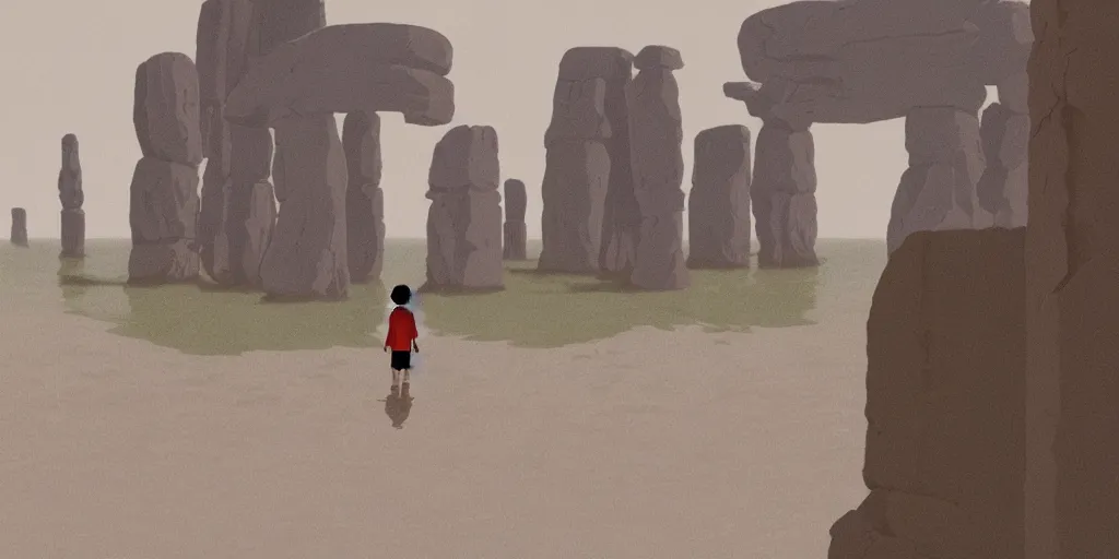 Image similar to a realistic cell - shaded studio ghibli concept art from paprika ( 2 0 0 6 ) of an aquatic ape from close encounters of the third kind ( 1 9 7 7 ) in a flooded monument valley stonehenge. very dull colors, wide shot, hd, 4 k, hq