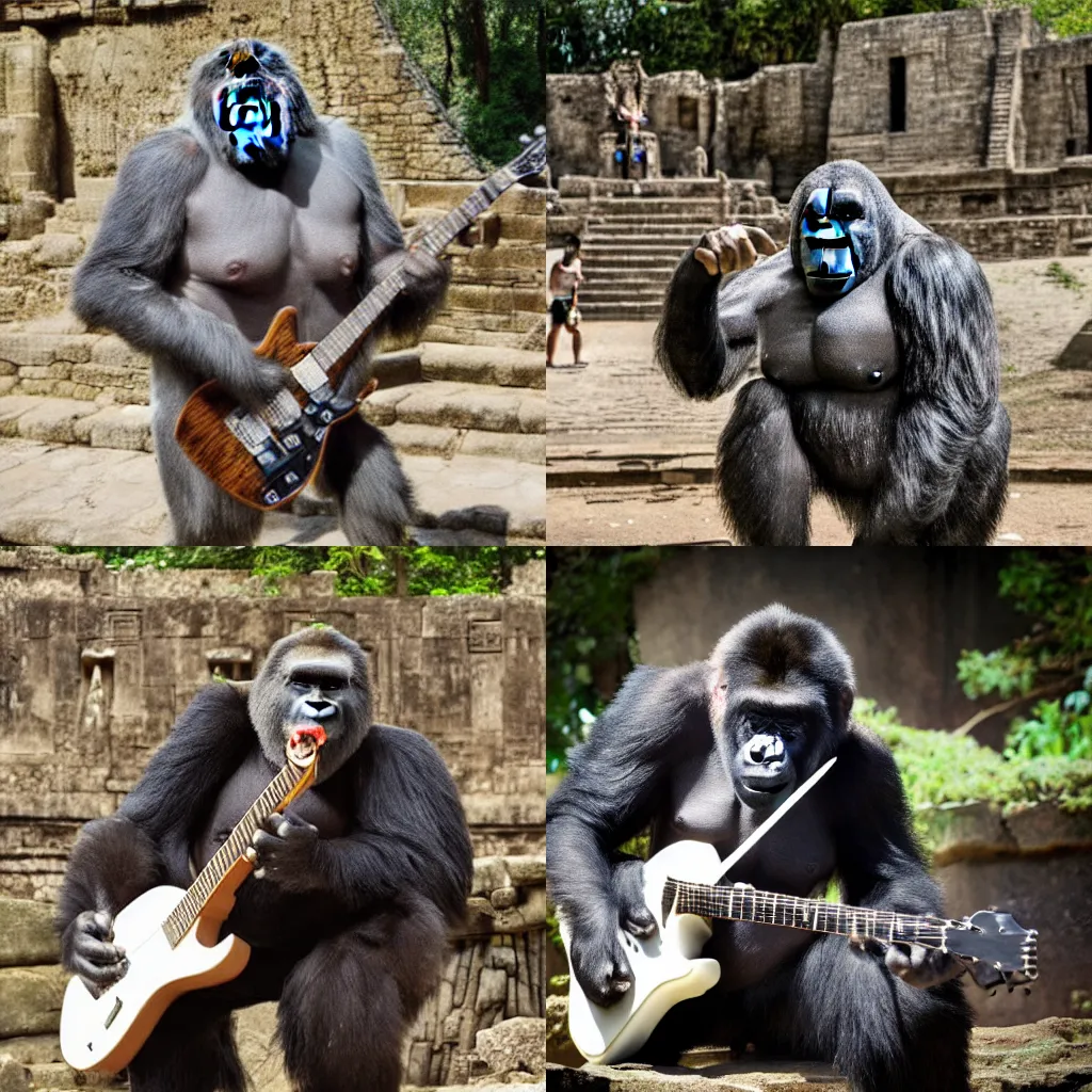 Prompt: large silverback gorilla playing guitar at a metal concert at a Mayan temple, in the style of Borderlands