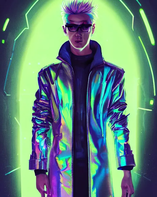 Image similar to detailed portrait of European Pale Blonde hair Stylish Guy Sheen Holographic Jacket coat, Futuristic sci-fi fashion, royal attire Akira, Evangelion, cyberpunk, neotokyo, synthwave, aesthetics, futuristic, low-emission-neon, bladerunner movie scene by ismail inceoglu dragan bibin hans thoma greg rutkowski Alexandros Pyromallis Nekro Rene Margitte illustrated Perfect face, fine details, realistic shaded, fine-face, pretty face sharp chine