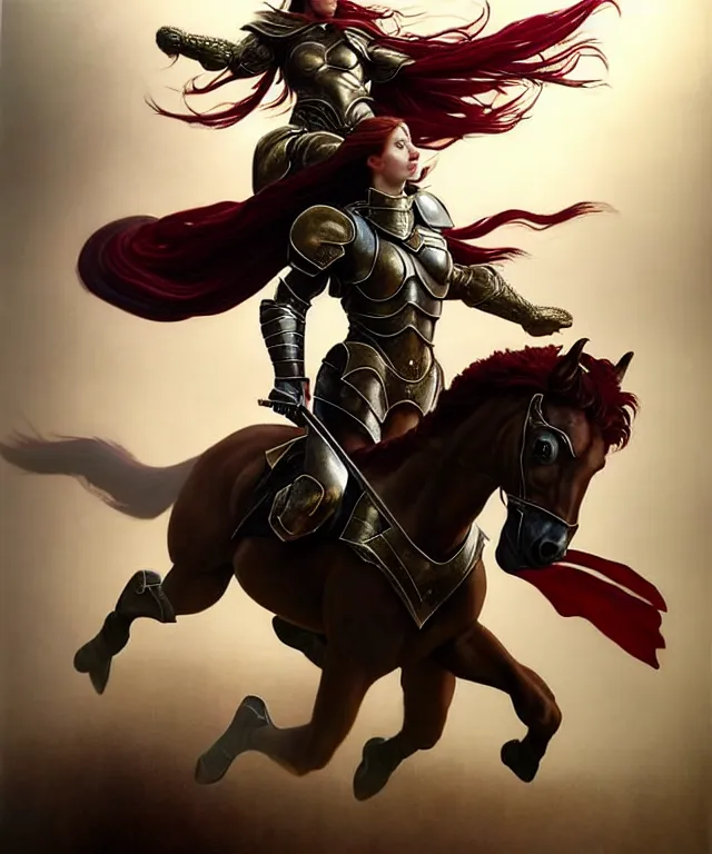 Image similar to hyperrealistic mixed media painting of a beautiful young female ranger, stunning 3d render inspired art by P. Craig Russell and Barry Windsor-Smith + perfect facial symmetry + dim volumetric lighting, dark red hair, pale skin, crimson leather armor, riding an armored warhorse, dizzy, full body, confident heroic pose, d&d, 8k octane beautifully detailed render, post-processing, extremely hyperdetailed, intricate, epic composition, grim yet sparkling atmosphere, cinematic lighting + masterpiece, trending on artstation, very very detailed, masterpiece, stunning