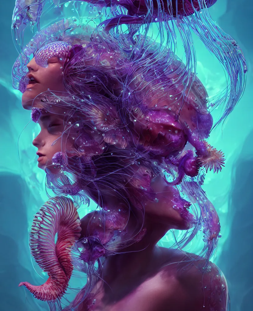 Image similar to goddess close-up face portrait. chimera orchid jellyfish phoenix head, nautilus, skull, betta fish, bioluminiscent creatures, intricate artwork by Tooth Wu and wlop and beeple. octane render, trending on artstation, greg rutkowski very coherent symmetrical artwork. cinematic, hyper realism, high detail, octane render, 8k