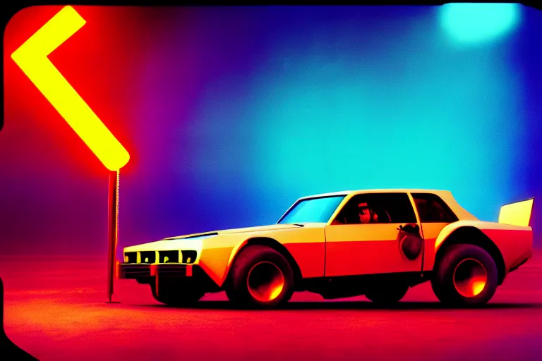 Prompt: stylized poster of the mad max's pursuit special concept, thick neon lights, ektachrome photograph, volumetric lighting, f 8 aperture, cinematic eastman 5 3 8 4 film