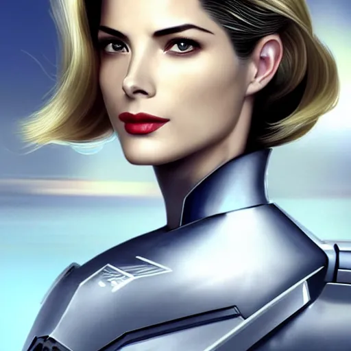 Image similar to A combination of Grace Kelly's and Ada Wong's and Ashley Greene's appearances with blonde hair wearing Forerunner armor from Halo, high tech, action shot, angular, full body portrait, futuristic, dramatic, fantasy, intricate, elegant, highly detailed, artstation, matte, sharp focus, 8K, art by Artgerm and Greg Rutkowski and Alphonse Mucha